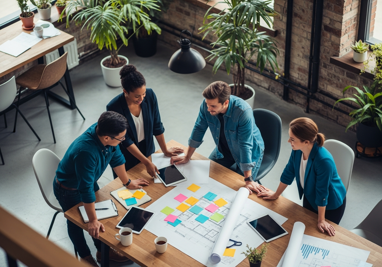 HR-team brainstormt rond een tafel met plannen, sticky notes en tablets